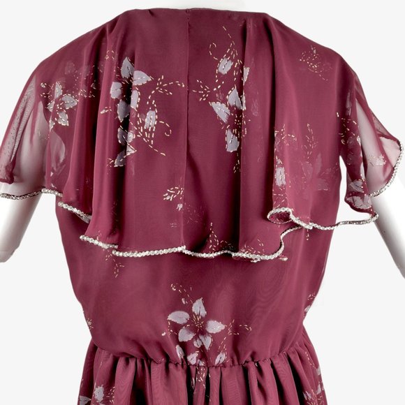 Vintage 1970s Romantic Sheer Ruffle Dress Burgundy Floral Rhinestone Trim Disco - Picture 10 of 12